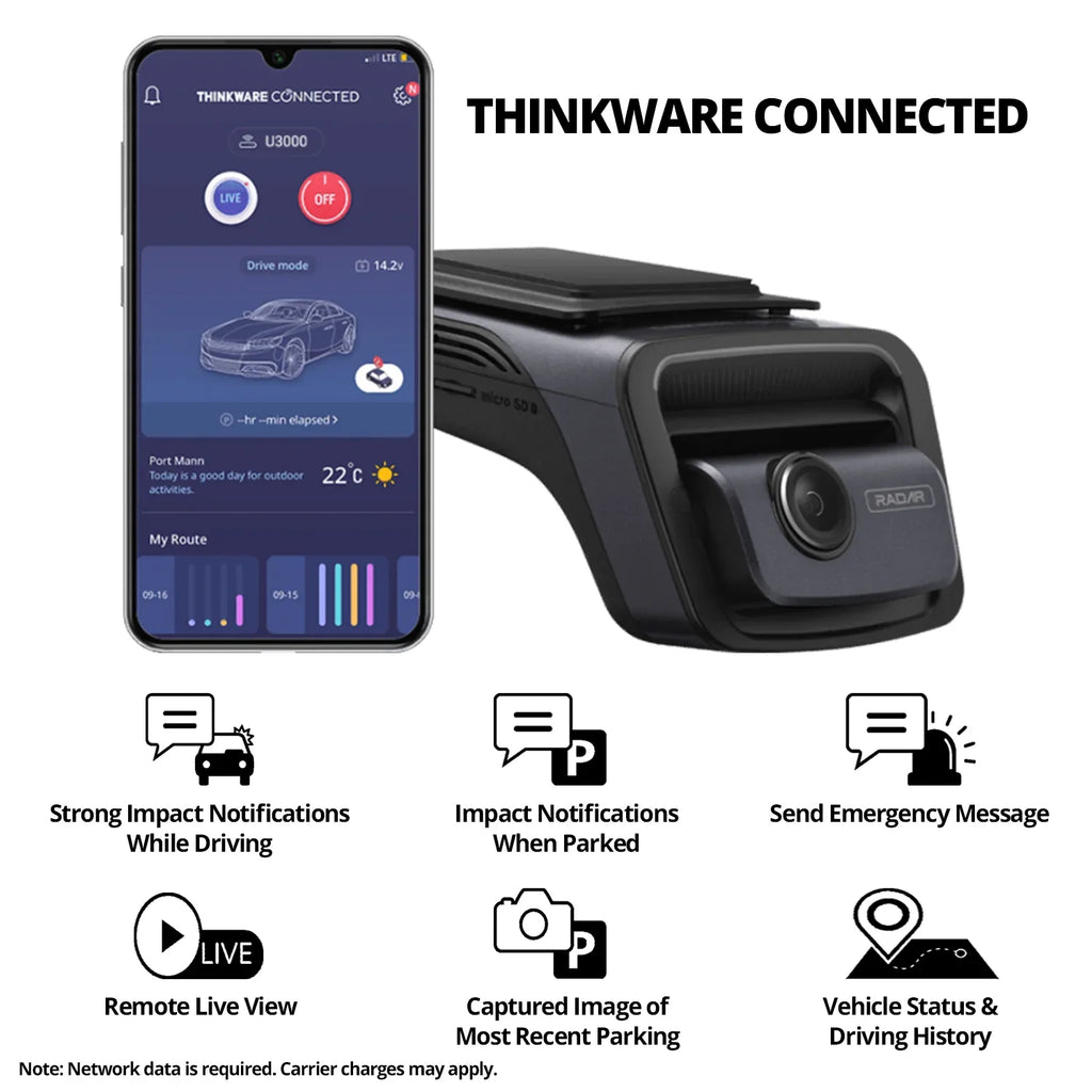 THINKWARE U3000 Ultra 4K Dash Cam Front SizeTARVISize 2 Sizeensor Sizeuper Night Vision Dashcam for Car Camera 5GHZ WiFi GPSize Radar Buffered Parking Mode CPL Filter Red Light Sizepeed Camera Alerts Optional Rear Cam