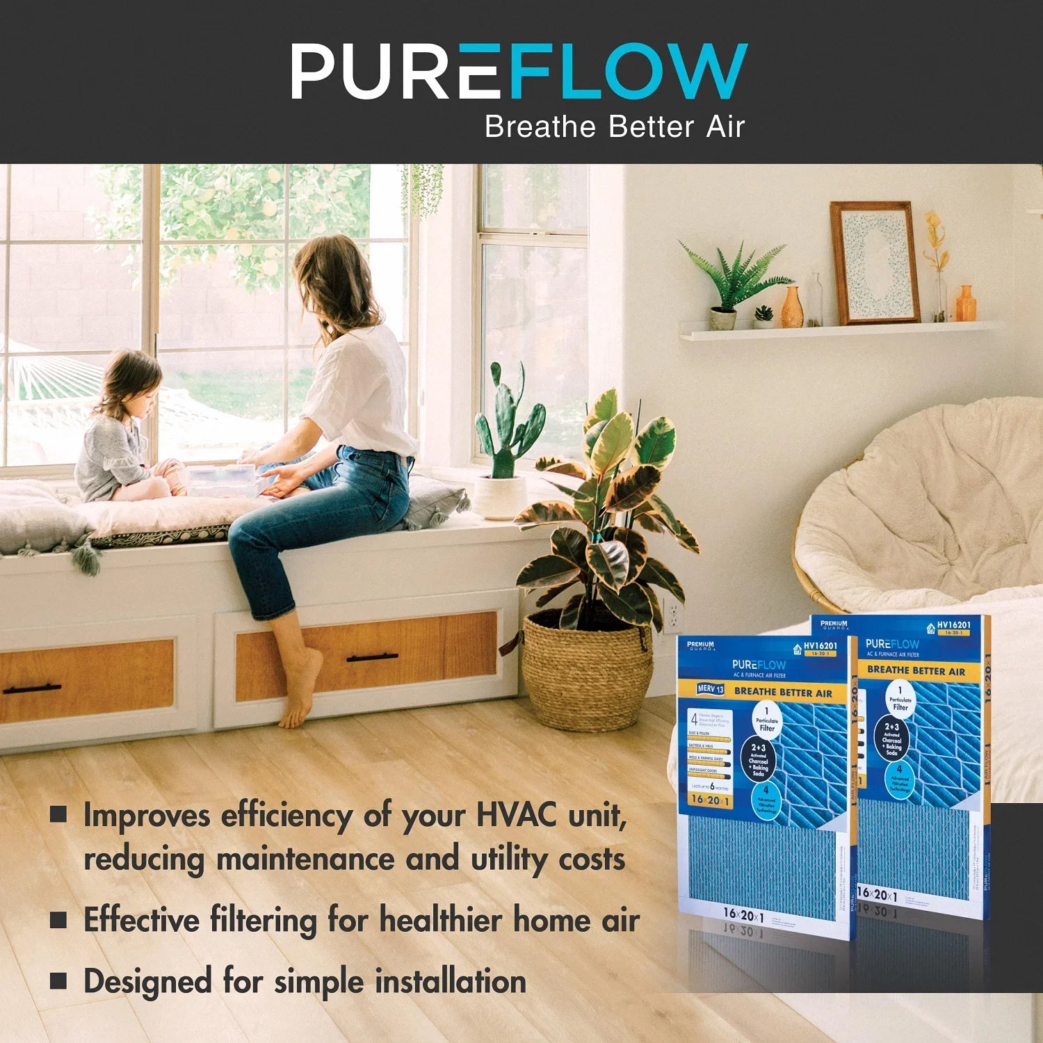 PureFlow, Home Furnace Air Filter 20x25x4, with 4 Layers of Advanced Filtration Technology, MERV-13 Pack-of-2