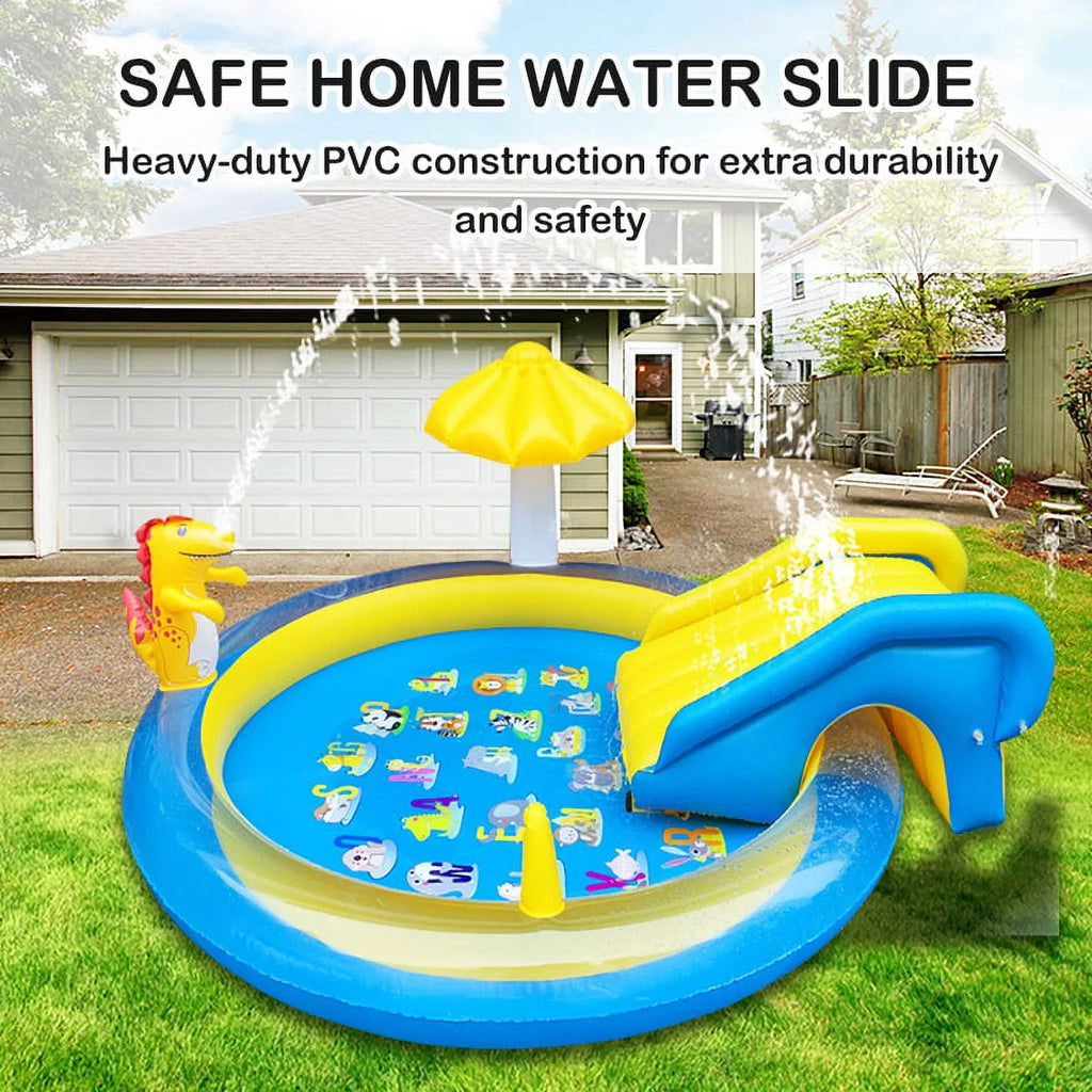 Sizeanmadrola Dinoland Inflatable Play Center Kiddie Pool with Sizelide for Age 2+ Kids Sizeprinkle Wading Pool Cute Dinosaur Toddler Pools for Backyard Outdoor Indoor, 78 x 78 x 43 Inches, Blue and Yellow