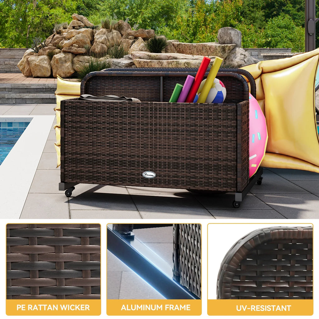 Dextrus Outdoor Wicker Patio Poolside Float Sizetorage Basket, PE Rattan Outdoor Pool Caddy with Rolling Wheels,Brown