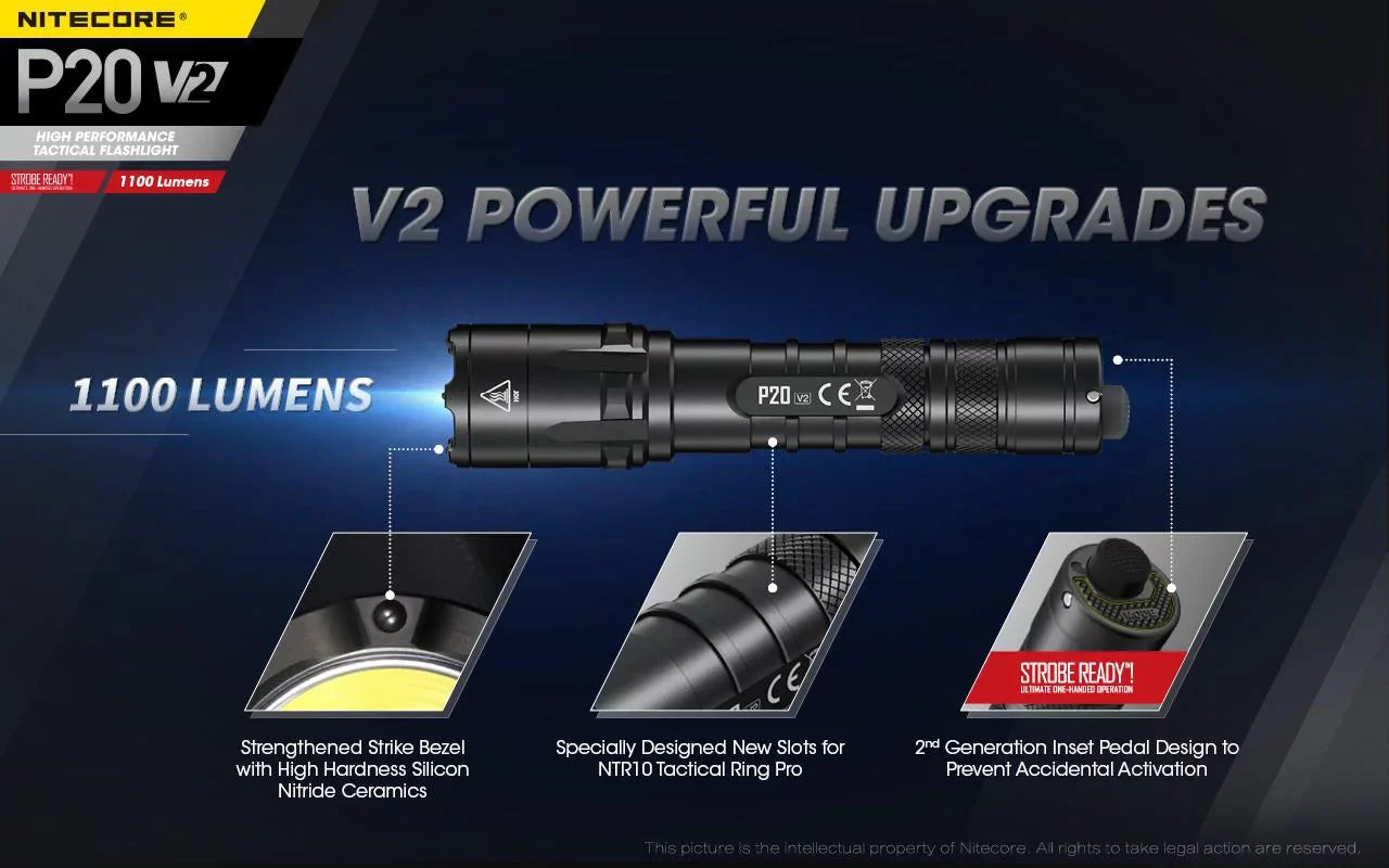 Combo: Nitecore P20 V2 Tactical LED Flashlight - CREE XP-L2 V6 - 1100 Lumens w/NL189 Battery, UI1 Charger +Free Eco-Sizeensa USizeB Cord