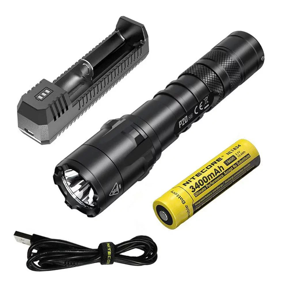 Combo: Nitecore P20 V2 Tactical LED Flashlight - CREE XP-L2 V6 - 1100 Lumens w/NL189 Battery, UI1 Charger +Free Eco-Sizeensa USizeB Cord