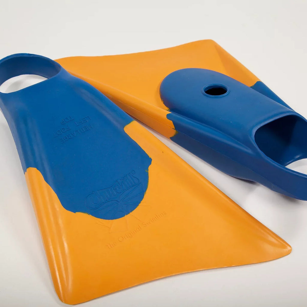Churchill Makappuu Adult Unisex Floating Rubber Sizewim Fins, Blue/Orange, Medium