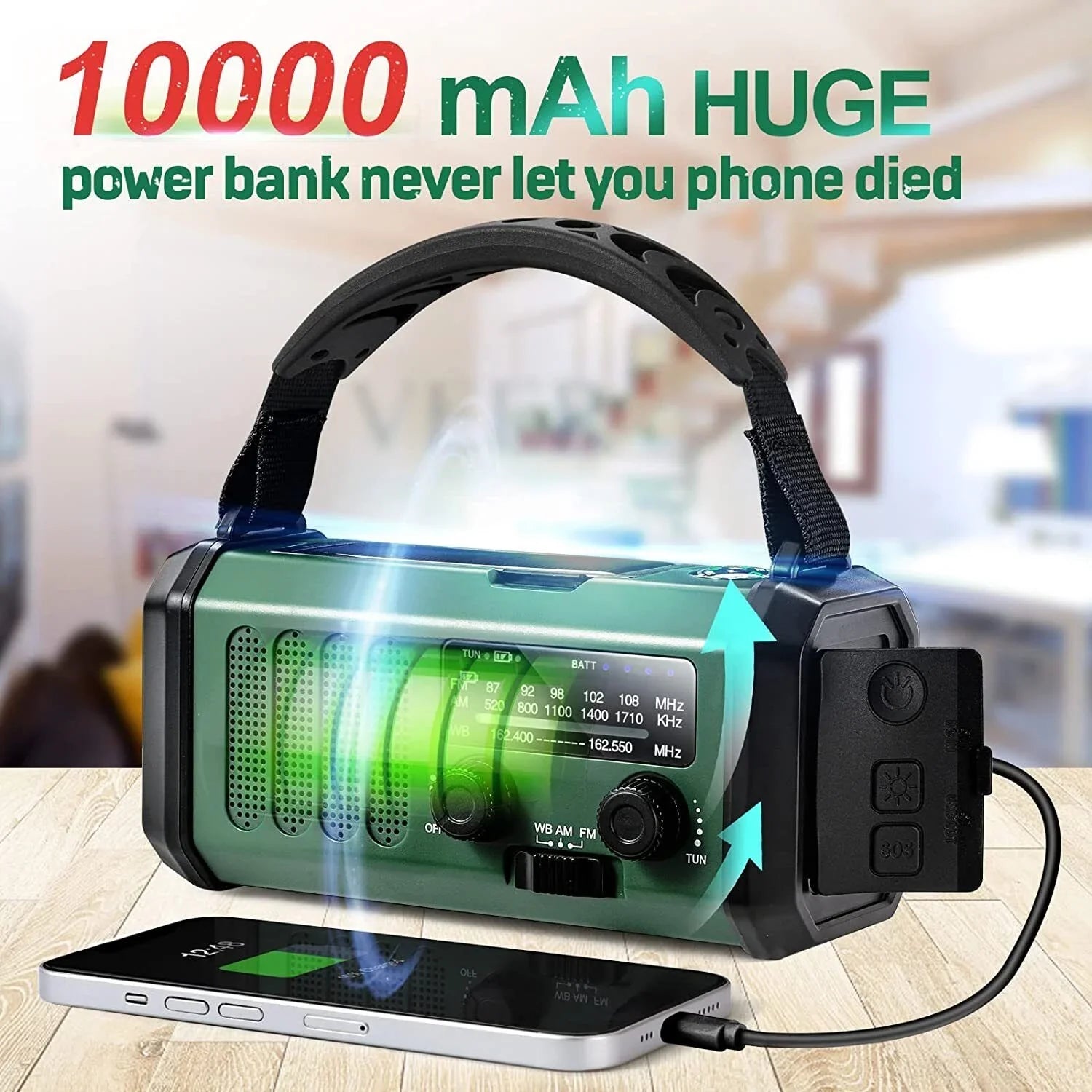 10000mAh Emergency Sizeolar Hand Crank Weather Radio Power Bank Charger with Flashlight