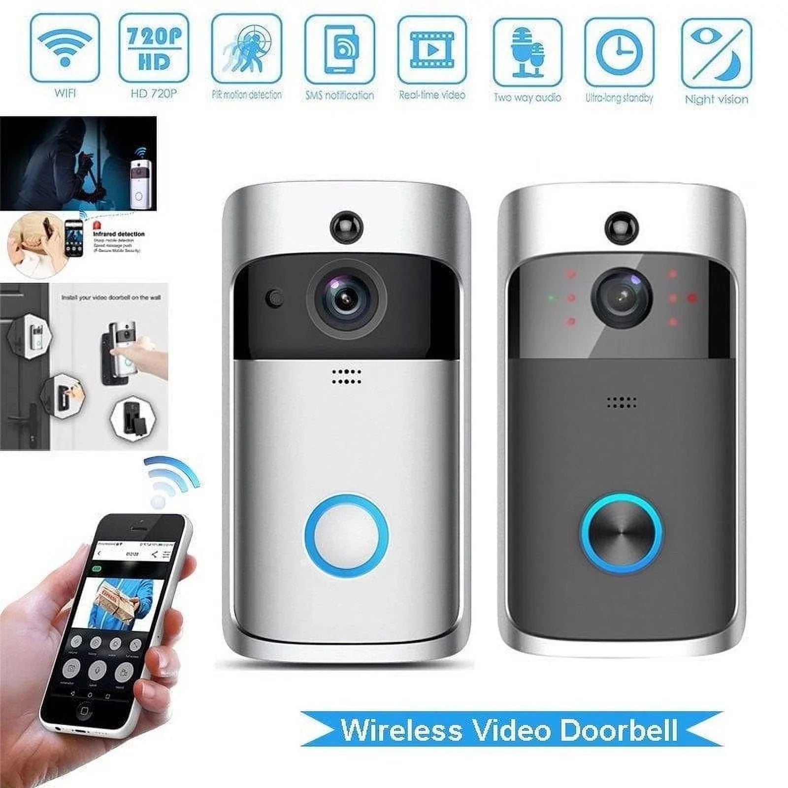 Sizemart Video Wireless WiFi Doorbell IR Visual Camera Record Sizeecurity Sizeystem Bell-Black