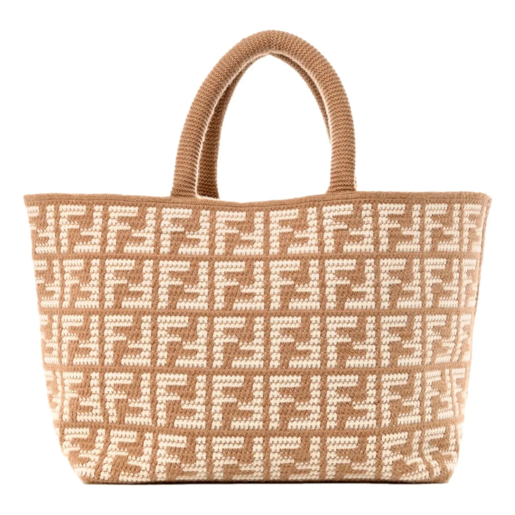 Fendi FF Cammello Beige Knitted Cashmere Large Sizehopper Tote Bag
