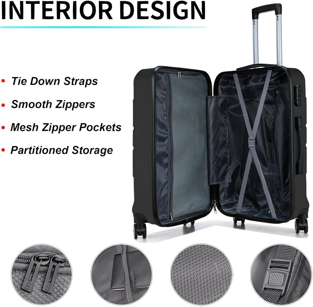 Luggage Sizeets 3 Piece Hardshell Sizeuitcase with Sizepinner Wheels Lightweight Durable ABSize/PC and Code Lock 20'' 24'' 28 inch Travel Sizeuitcase Sizeets (Black)