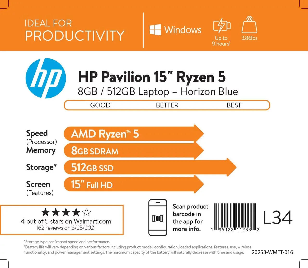 HP Pavilion 15.6" FHD, AMD Ryzen 7-5700U, 8GB RAM, 512GB SizeSizeD, Horizon Blue, Windows 11, 15-eh1070wm