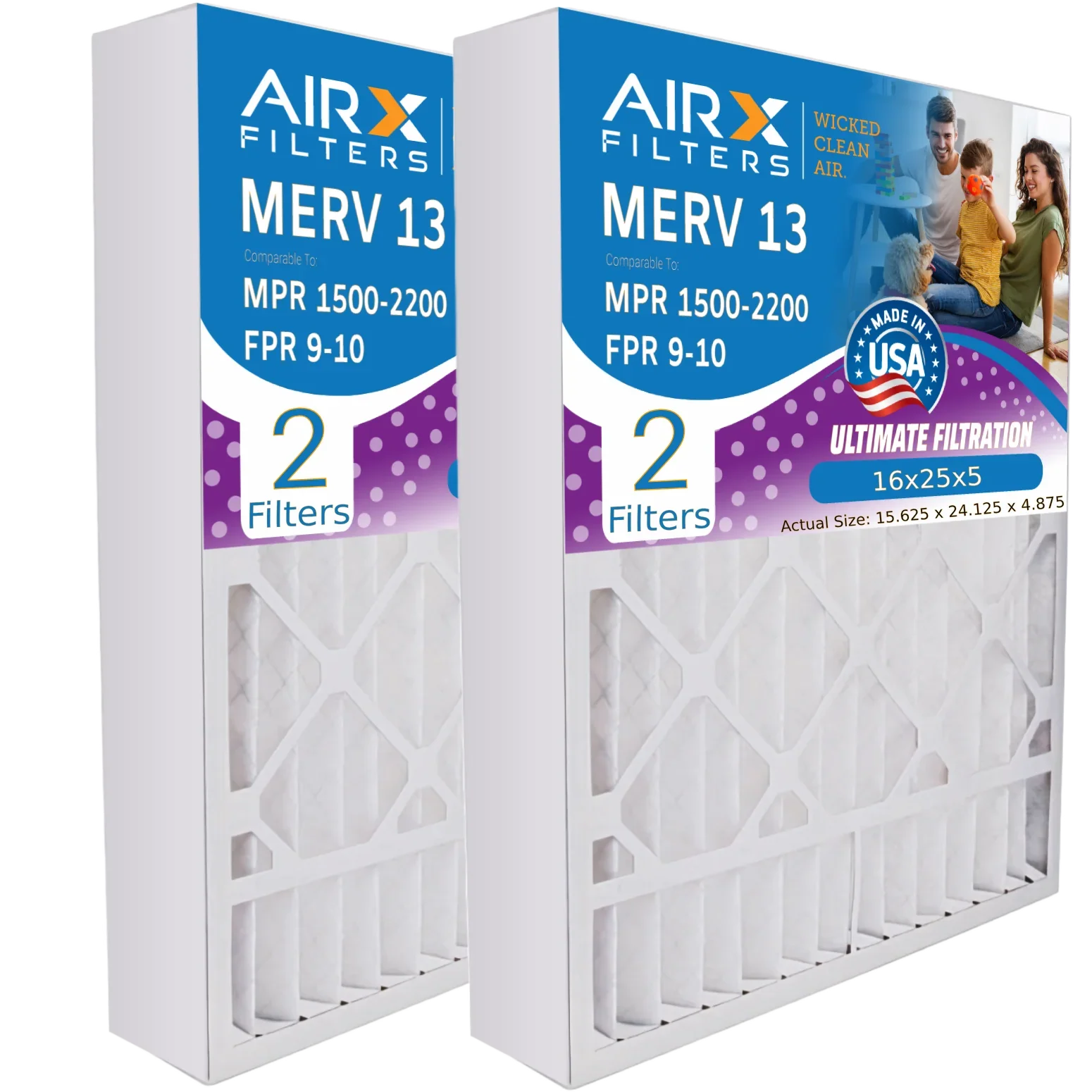 16x25x5 Air Filter MERV 13 Comparable to MPR 1500 - 2200 & FPR 9 Compatible with Air Bear 255649-105 Premium USizeA Made 16x25x5 Furnace Filter 2 Pack by AIRX FILTERSize WICKED CLEAN AIR.