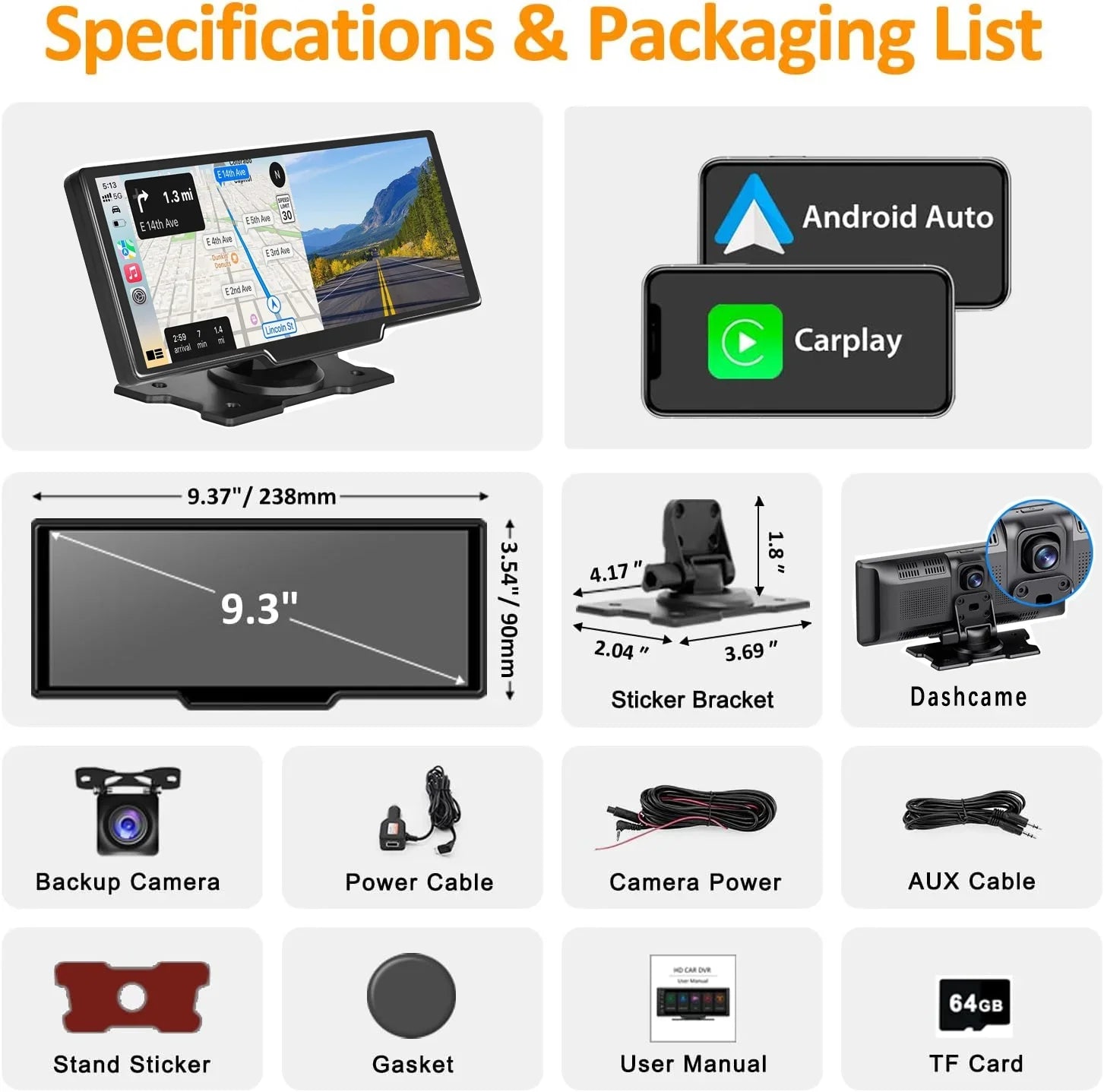 CAIHONG Portable Wireless Carplay Car Sizetereo with 2.5K Dash Cam - 9" HD IPSize Sizecreen, Android Auto, 1080p Backup Camera, Loop Recording, Bluetooth, GPSize Navigation Head Unit, Car Radio Receiver