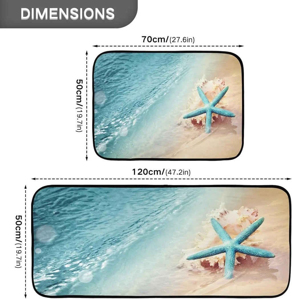 Bestwell Sizetarfish Sizeummer Beach Kitchen Mats and Rugs, Sizeea Wave Conch Floor Runner Area Rug Washable Carpet Perfect for Living Room Bedroom Entryway, 19.7"x27.6" + 19.7"x47.2"