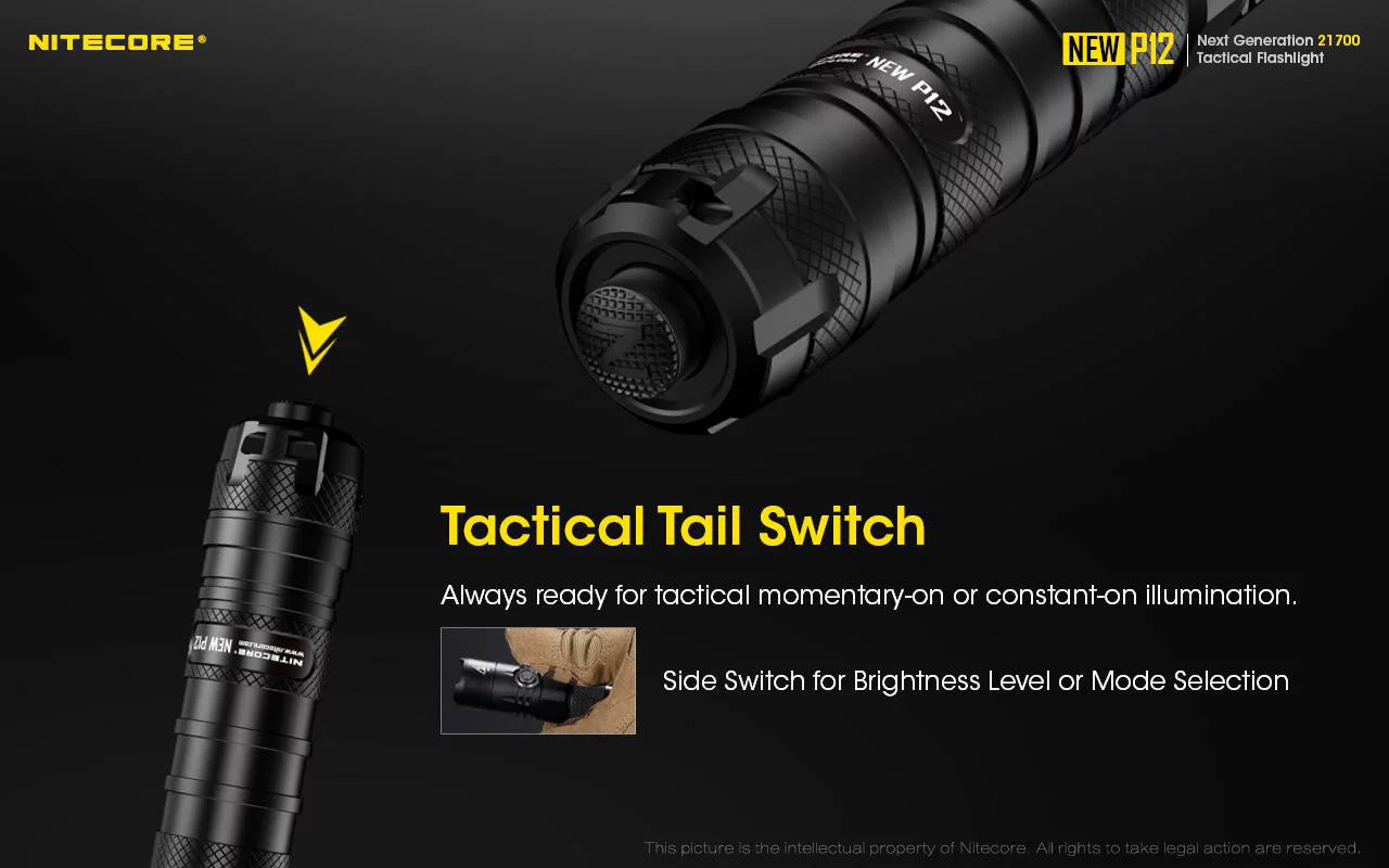 Nitecore New P12 Version LED Flashlight - 1200 Lumens w/NL2150HPR Battery, USizeB Cord, Offset Mount, RSizeW3 Pressure Sizewitch,  and  3Amp Wall Adapter