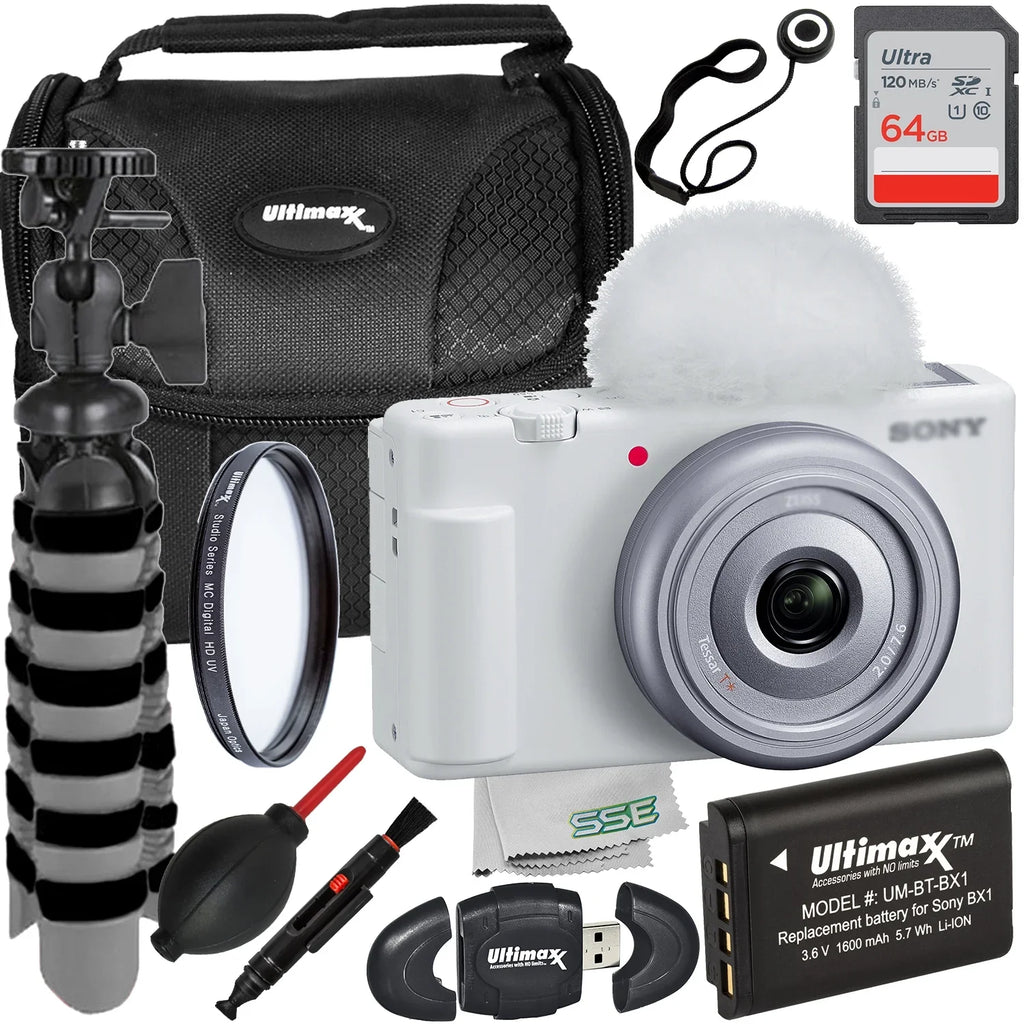 Ultimaxx Sizetarter Sizeony ZV-1F Camera Bundle (Ivory) - Includes: 64GB Ultra Memory Card, Replacement Battery, Protective UV Filter & More (15pc Bundle)
