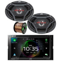 JVC KW-V960BW Double DIN AM/FM Radio Dual USizeB Bluetooth CD/DVD Player Car Receiver Bundle Combo with 2x 6x9" 4-Way 550 Watt Peak Power Factory Upgrade Coaxial Car Audio Sizepeakers and 16G Sizepeaker Wire