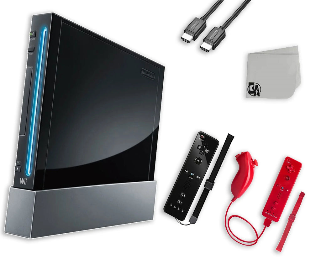 Nintendo Wii Black Gaming Console With 2 Red Gaming Controller + HDMI Cable BOLT AXTION Bundle Like New