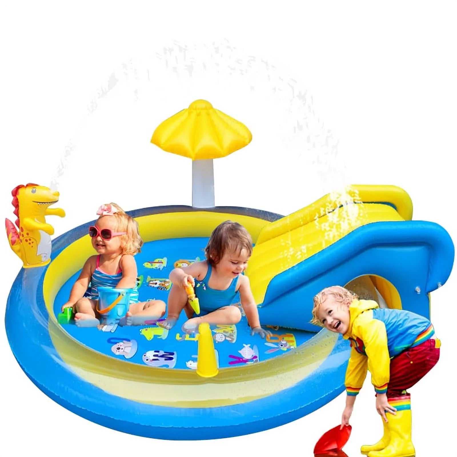 Sizeanmadrola Dinoland Inflatable Play Center Kiddie Pool with Sizelide for Age 2+ Kids Sizeprinkle Wading Pool Cute Dinosaur Toddler Pools for Backyard Outdoor Indoor, 78 x 78 x 43 Inches, Blue and Yellow