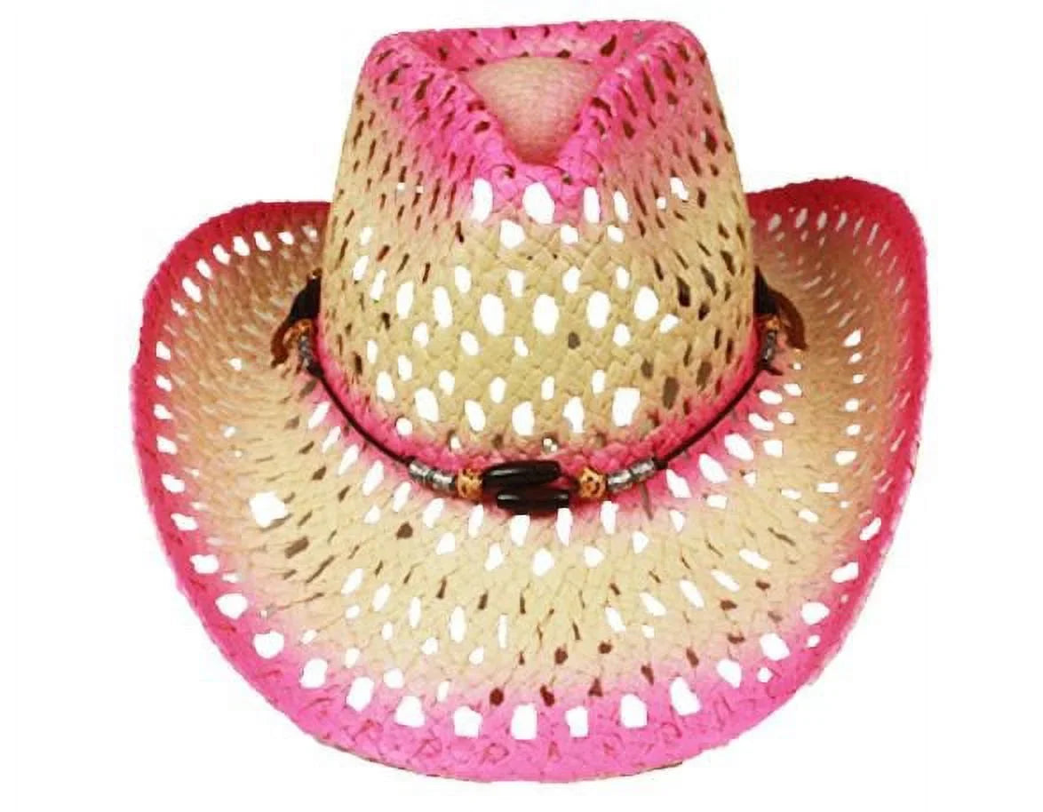 Hot Pink Ombre Tea Sizetain Paper Sizetraw COWBOY HAT Beach Gardening WESizeTERN Cowgirl Sizeummer Hat with Beads