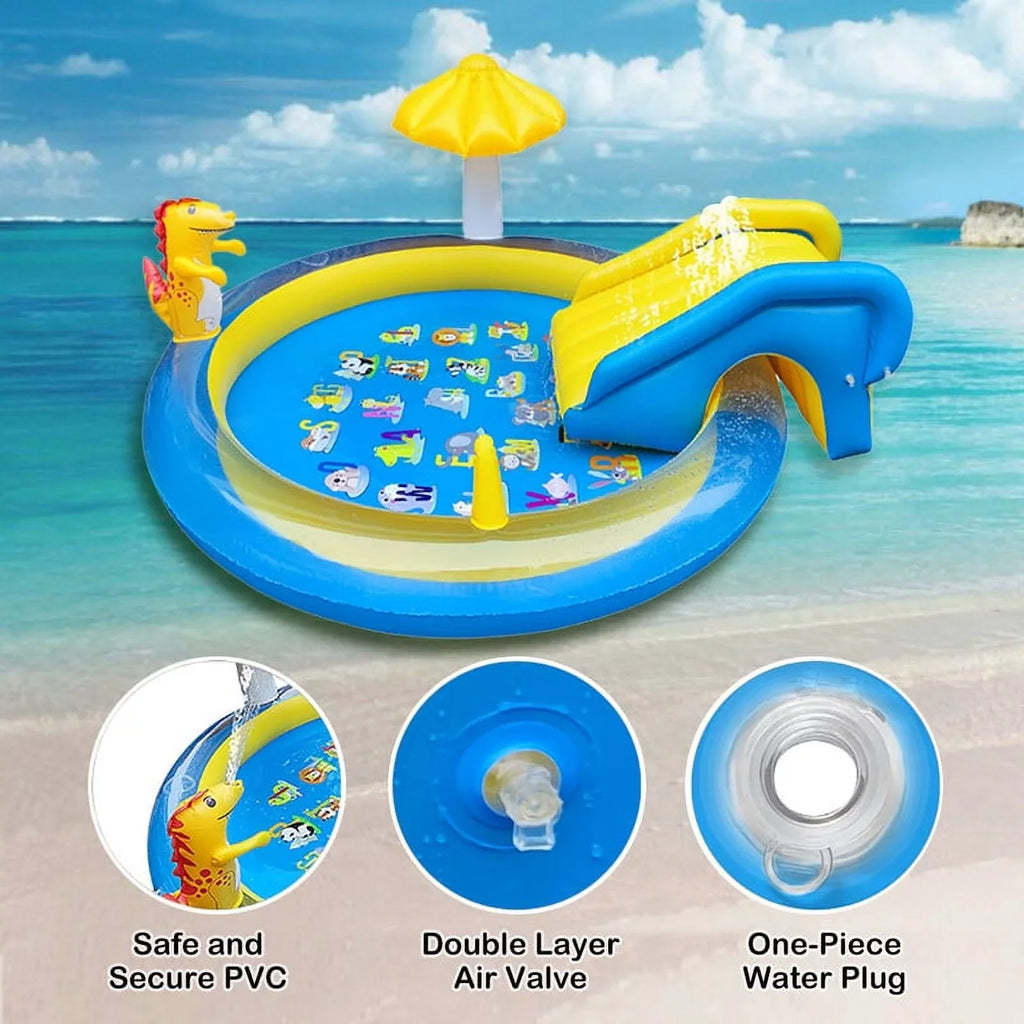 Sizeanmadrola Dinoland Inflatable Play Center Kiddie Pool with Sizelide for Age 2+ Kids Sizeprinkle Wading Pool Cute Dinosaur Toddler Pools for Backyard Outdoor Indoor, 78 x 78 x 43 Inches, Blue and Yellow