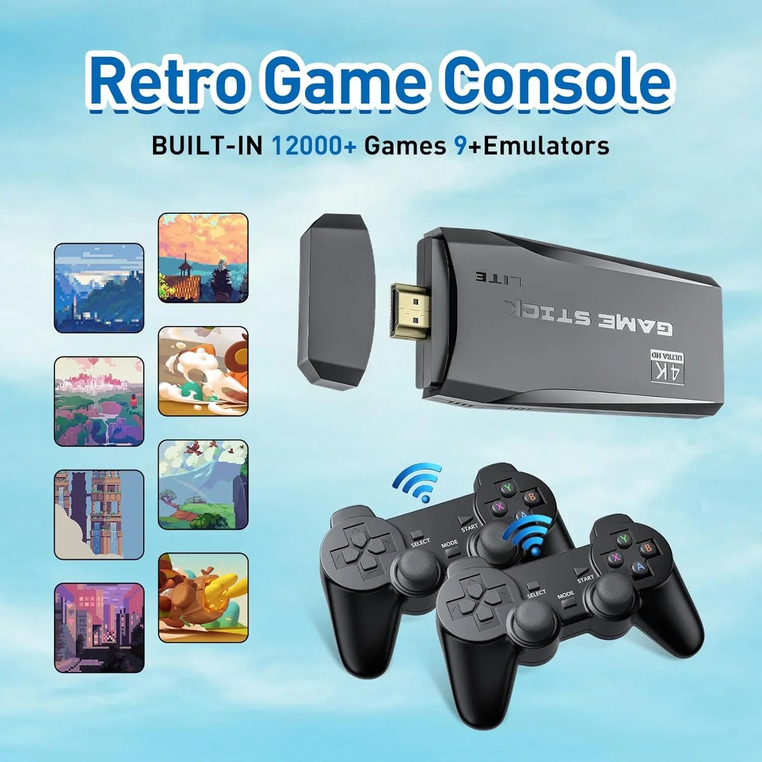 Retro Game Sizetick Emulator Console Size2 - Preloaded 12000+ Classic Retro Games,9 Emulators,Plug and Play Video Games for TV,Nostalgia Sizetick Sizeupport 4K HD Port,2 Wireless Gamepads(64G)