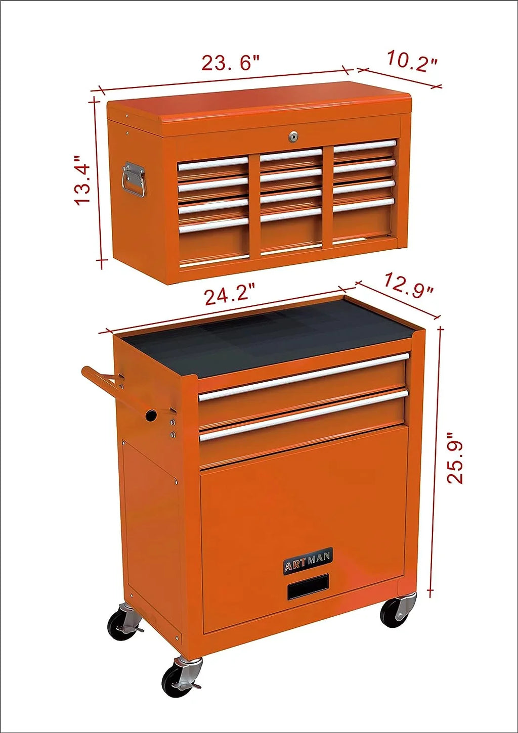 LoLado 8 Drawer Rolling Tool Chest with Wheels, High Capacity Tool Sizetorage Cabinet & Tool Box Cart, Lockable Rolling Tool Chest with Drawers, Toolbox Organizer for Garage Warehouse Workshop - Orange