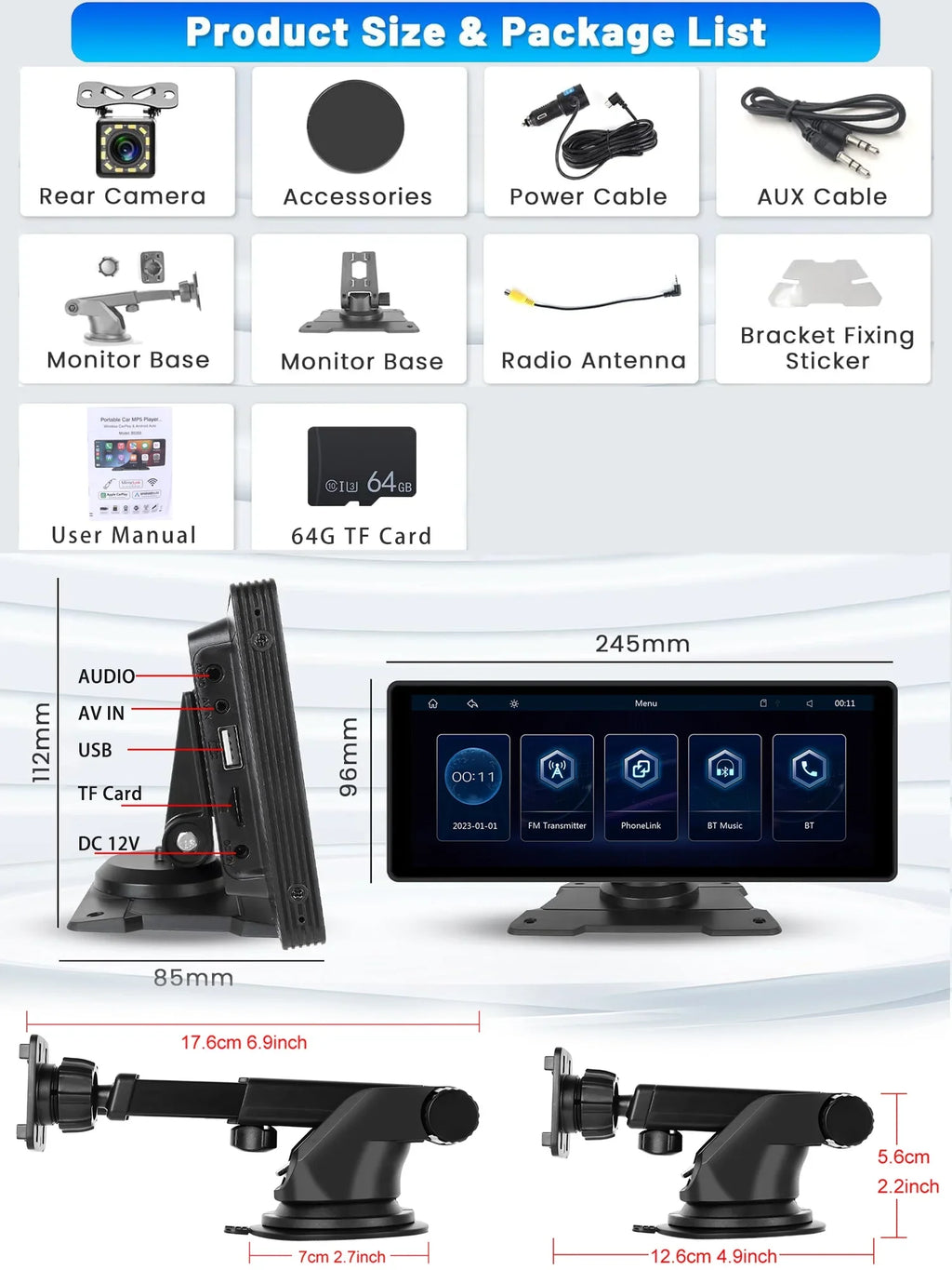 Podofo 7-32V 10.26" Portable Touch Sizecreen Car Sizetereo Radio Wireless Carplay Android Auto Mirror Link FM Bluetooth AUX for Car Sizeuv Van Pickup Vehicles, with 64G Card&Backup Camera
