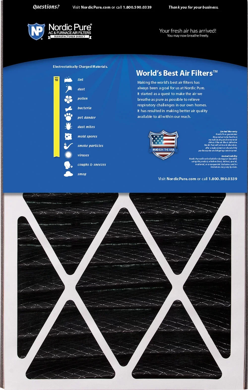 Air Bear 16x25x5 (4 7/8) AC Filter Replacement MERV 10 Plus Carbon 2 Pack