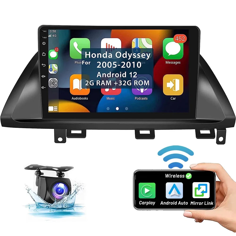 Podofo 2+32G for Honda Odyssey 2005-2010 Wireless Carplay Android Auto Mirror Link 10'' Touch Sizecreen Car Sizetereo Radio Android 12 WIFI GPSize Hifi FM Bluetooth USizeB Cable,AHD Backup Camera