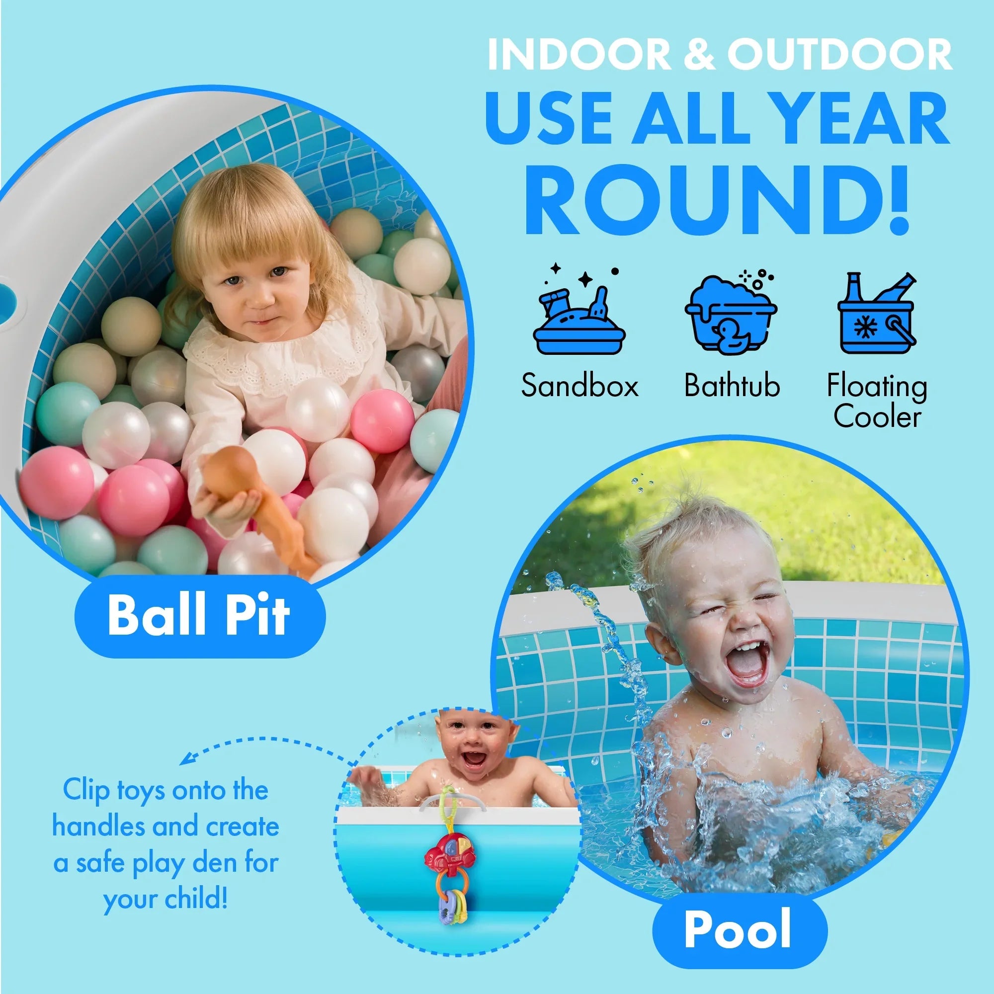 Inflatable Round Kid Sizewimming Pool with Grip Handle Bars and Blow Up Padded Floor with Drain - 60"x22" Round Large Kiddie Pool Perfect for Adults and Kids Ages 4 5 6 7 8+