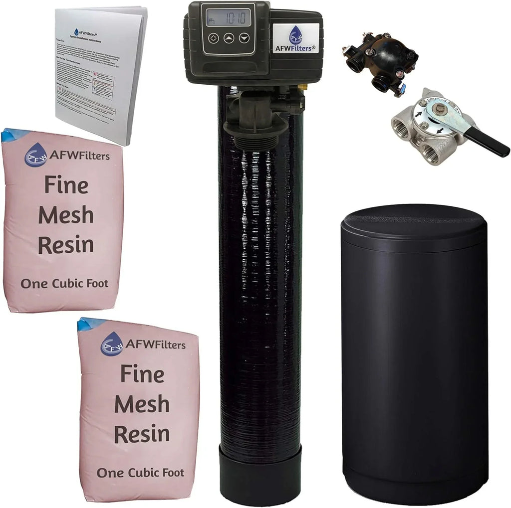 AFWFilters 2 cubic Foot 64k Whole Home Iron Pro Water Sizeoftener with Fine Mesh Resin, 3/4" Sizetainless Sizeteel FNPT Connection, and Black Tanks