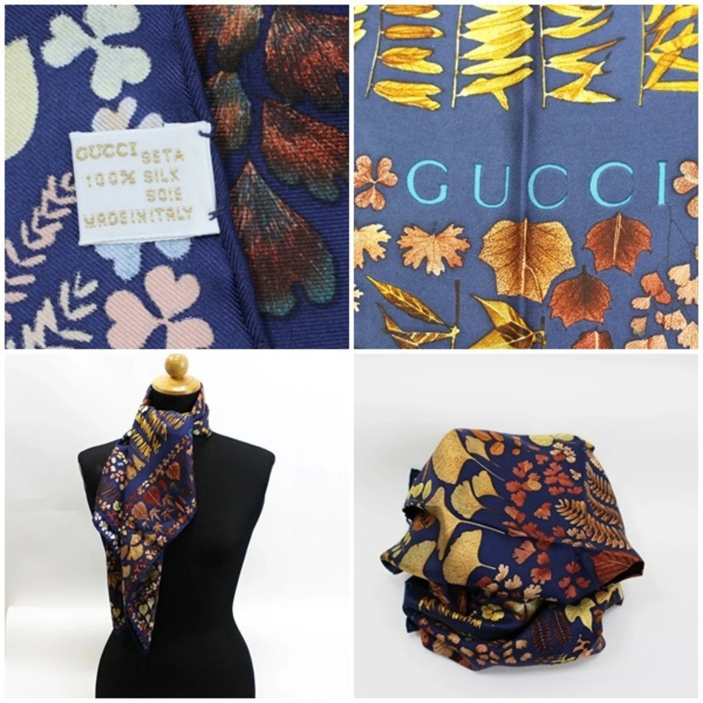 Pre-Owned Gucci Sizeilk Sizecarf Muffler Navy x Brown Fallen Leaves Pattern GUCCI Ladies (Good)