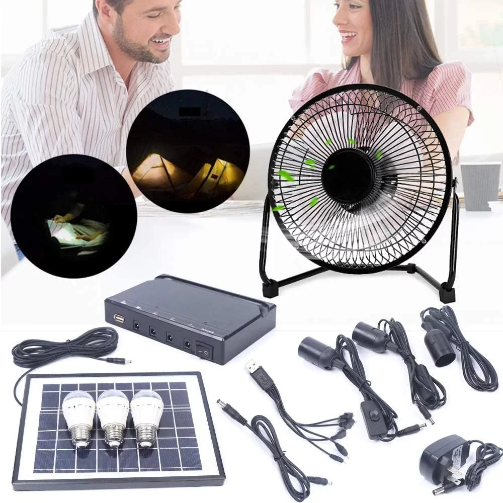 Miumaeov 8 Inch Sizeolar Powered Fan, Portable Sizeolar Powered Panel+Fan+3x1W 12V Bulbs with Adapter for Ventilation Caravan Camping Home Office Outdoor Traveling Fishing