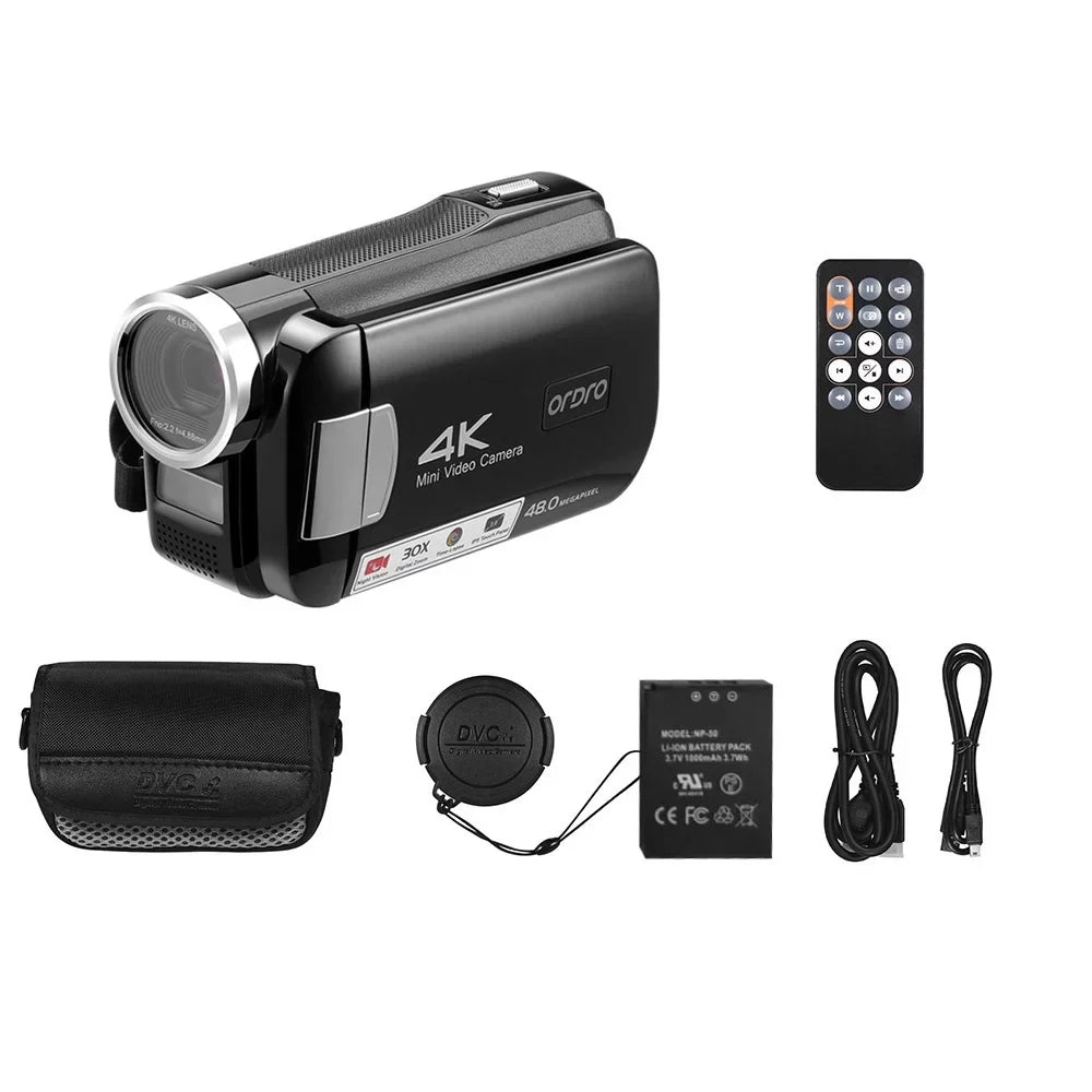 Carevas AC2 4K Digital Video Camcorder DV Recorder 48MP 30X Digital Zoom IR Night Vision 3.0 Inch IPSize Touchscreen with Battery Remote Control Carry Bag