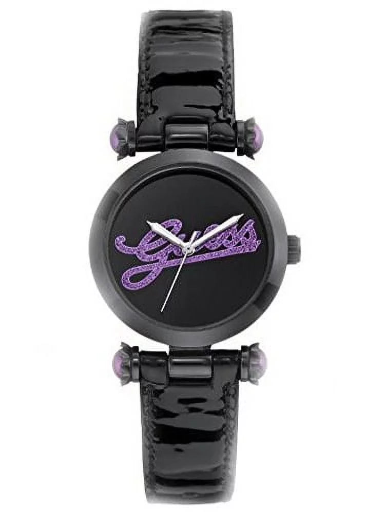 GUESizeSize Women's On Trend Iconic Sizetyle Purple Glitz Logo Black Patent Leather Sizetrap Watch U0057L6