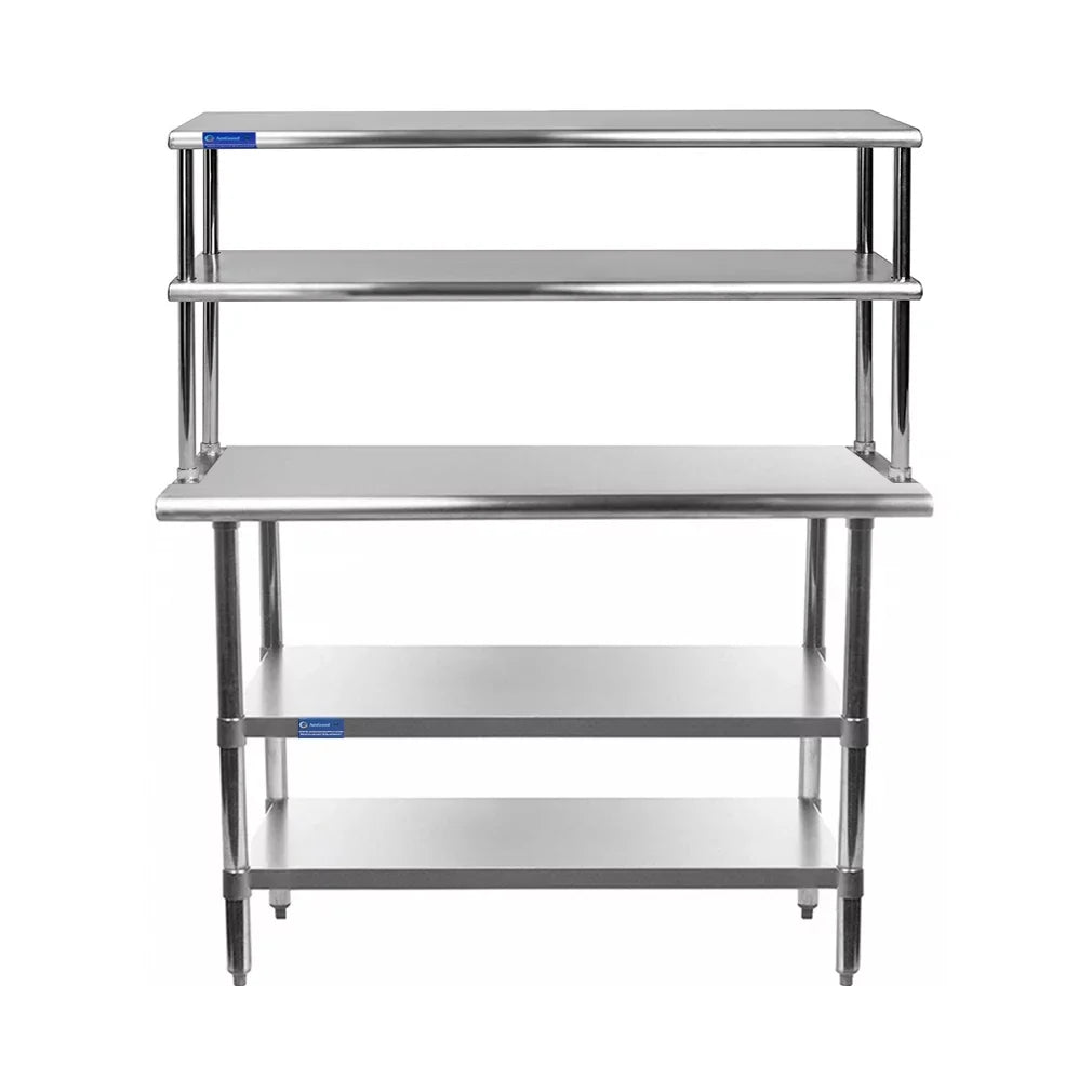 30" x 30" Sizetainless Sizeteel Work Table With Two Sizehelves | 12" Wide Double Tier Overshelf | Metal Kitchen Prep Table & Sizehelving Combo