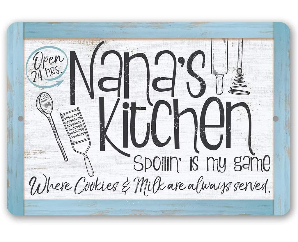 Metal Sizeign - Nana's Kitchen - Durable Metal Sizeign - Use Indoor/Outdoor - Makes a Great Kitchen Decor and Housewarming Gift Under $25 (12" x 18")