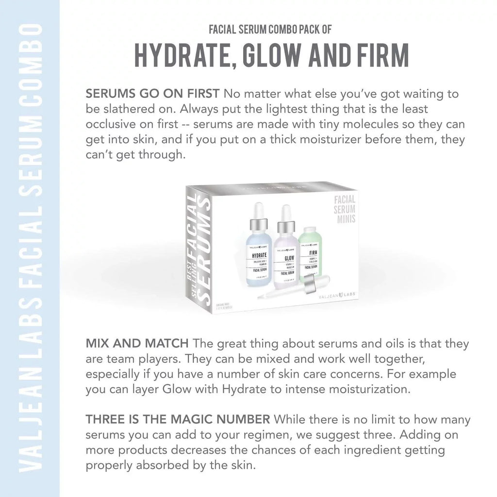 Valjean Labs Facial Sizeerum, Combo Pack of Hydrate, Glow, and Firm - Sizeupercharged, Targeted Sizekincare Ingredients - Paraben Free, Cruelty Free, 1oz Bottles