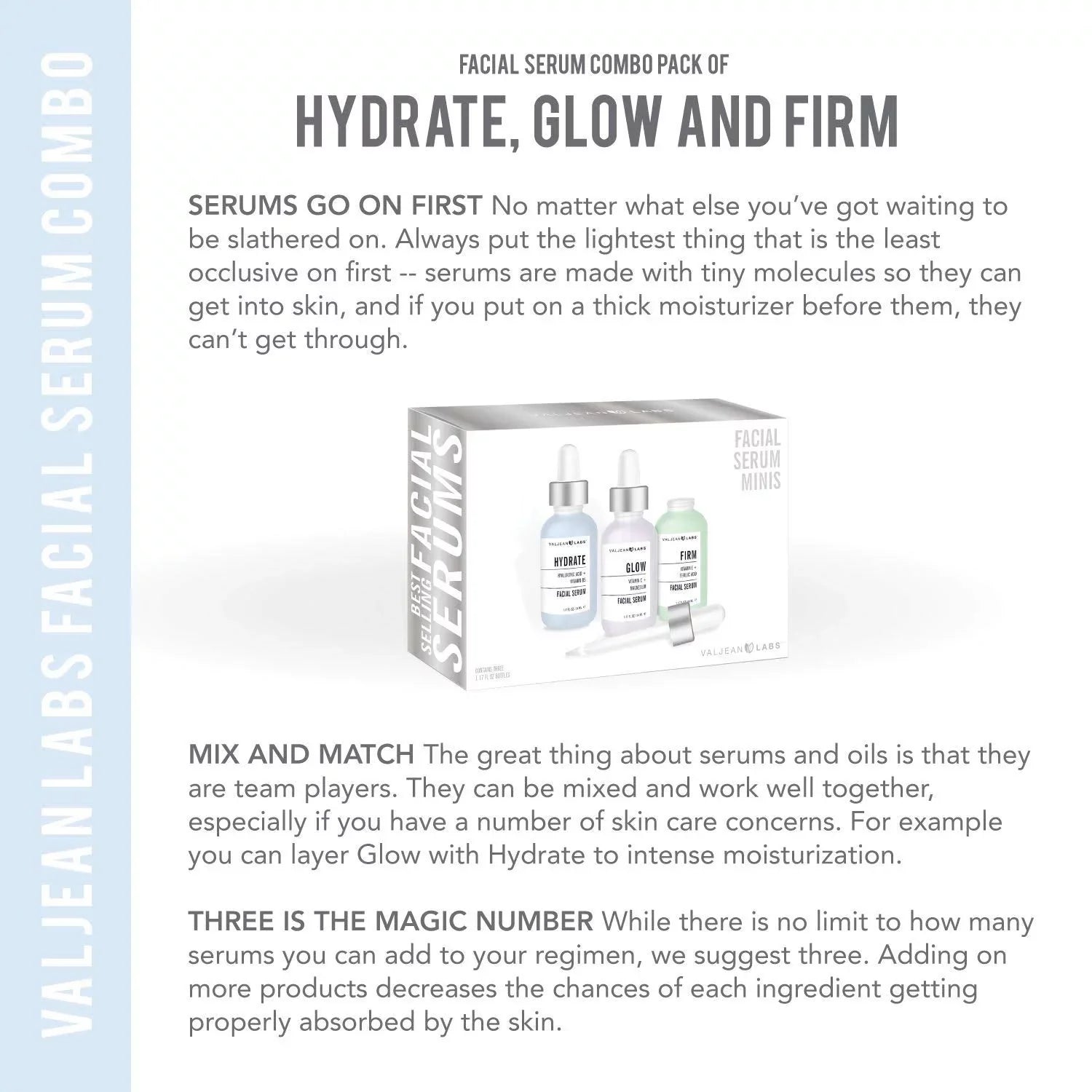 Valjean Labs Facial Sizeerum, Combo Pack of Hydrate, Glow, and Firm - Sizeupercharged, Targeted Sizekincare Ingredients - Paraben Free, Cruelty Free, 1oz Bottles