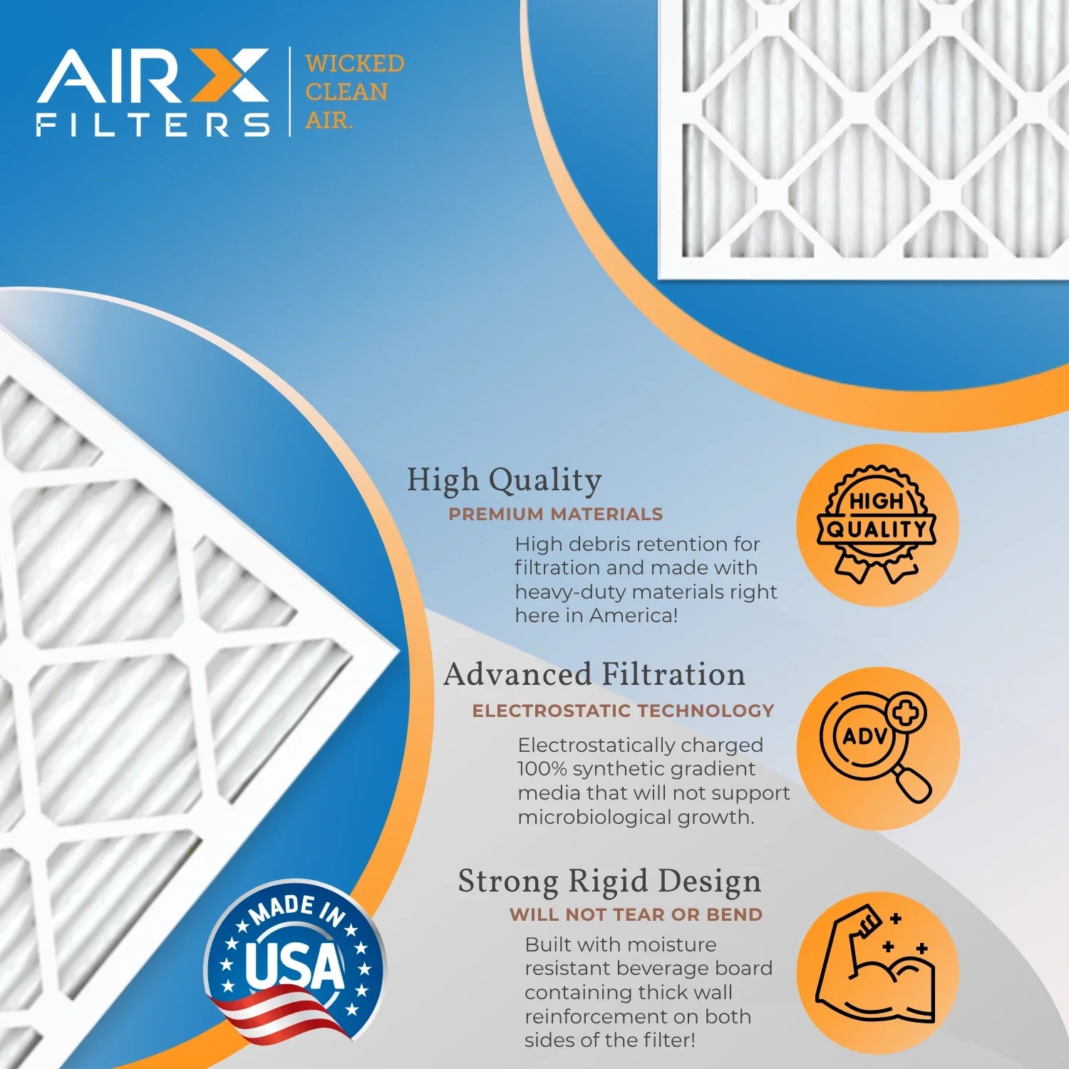 16x16x1 Air Filter MERV 13 Rating, 12 Pack of Furnace Filters Comparable to MPR 1500 - 2200 & FPR 9 - Made in USizeA by AIRX FILTERSize WICKED CLEAN AIR.