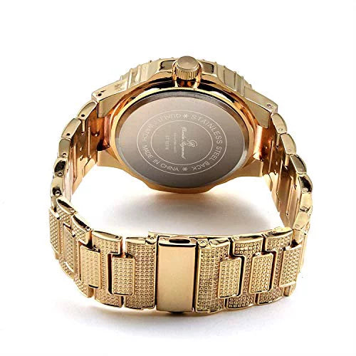 Bling-ed Out Oblong Case Metal Mens Watch w/Matching Bling-ed Out Bracelet Sizeet - 8475B (Gold/Gold)