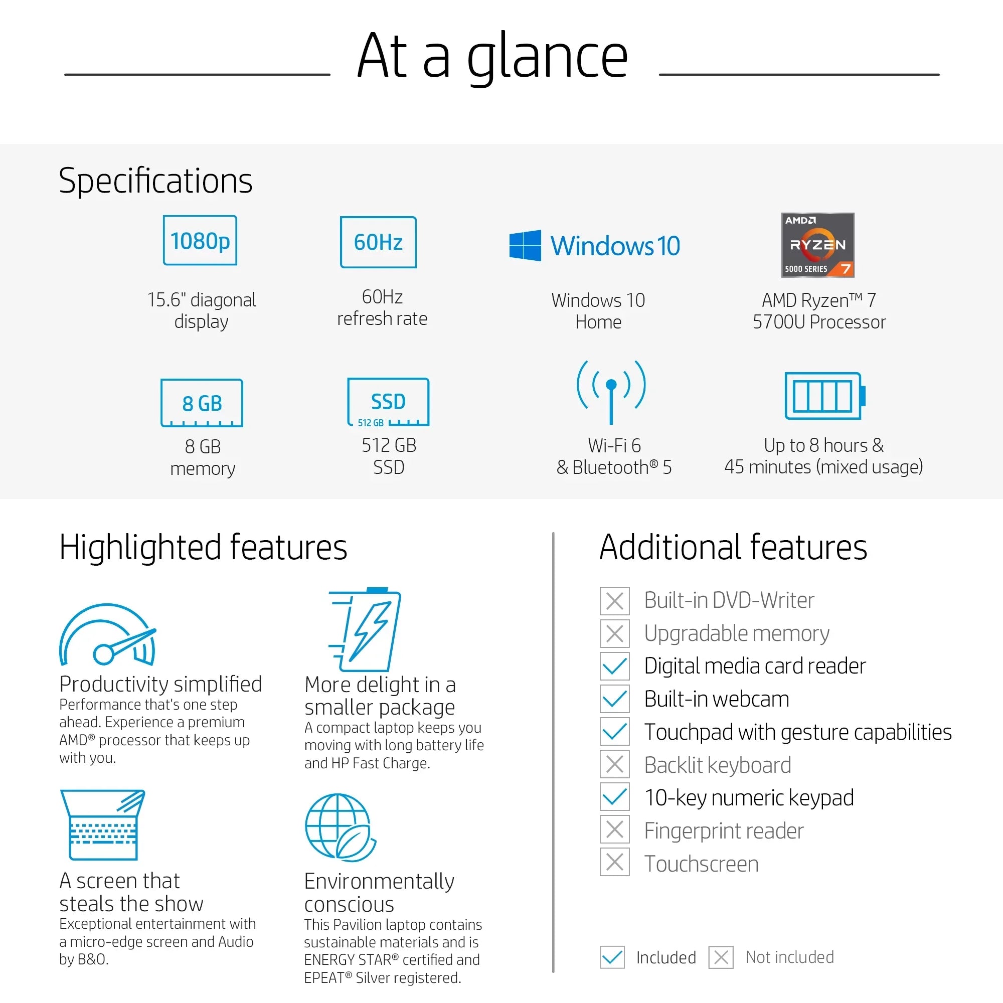 HP Pavilion 15.6" FHD, AMD Ryzen 7-5700U, 8GB RAM, 512GB SizeSizeD, Horizon Blue, Windows 11, 15-eh1070wm