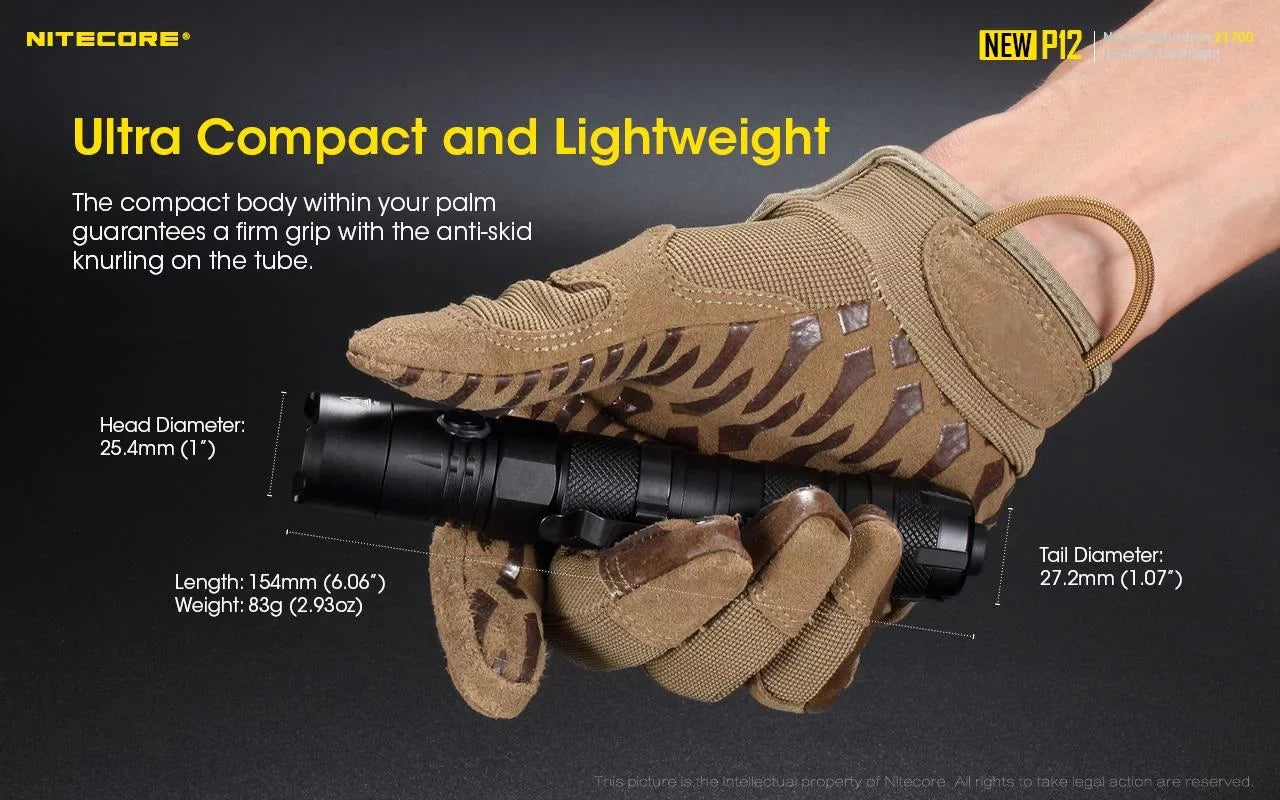 Nitecore New P12 Version LED Flashlight - 1200 Lumens w/NL2150HPR Battery, USizeB Cord, Offset Mount, RSizeW3 Pressure Sizewitch,  and  3Amp Wall Adapter