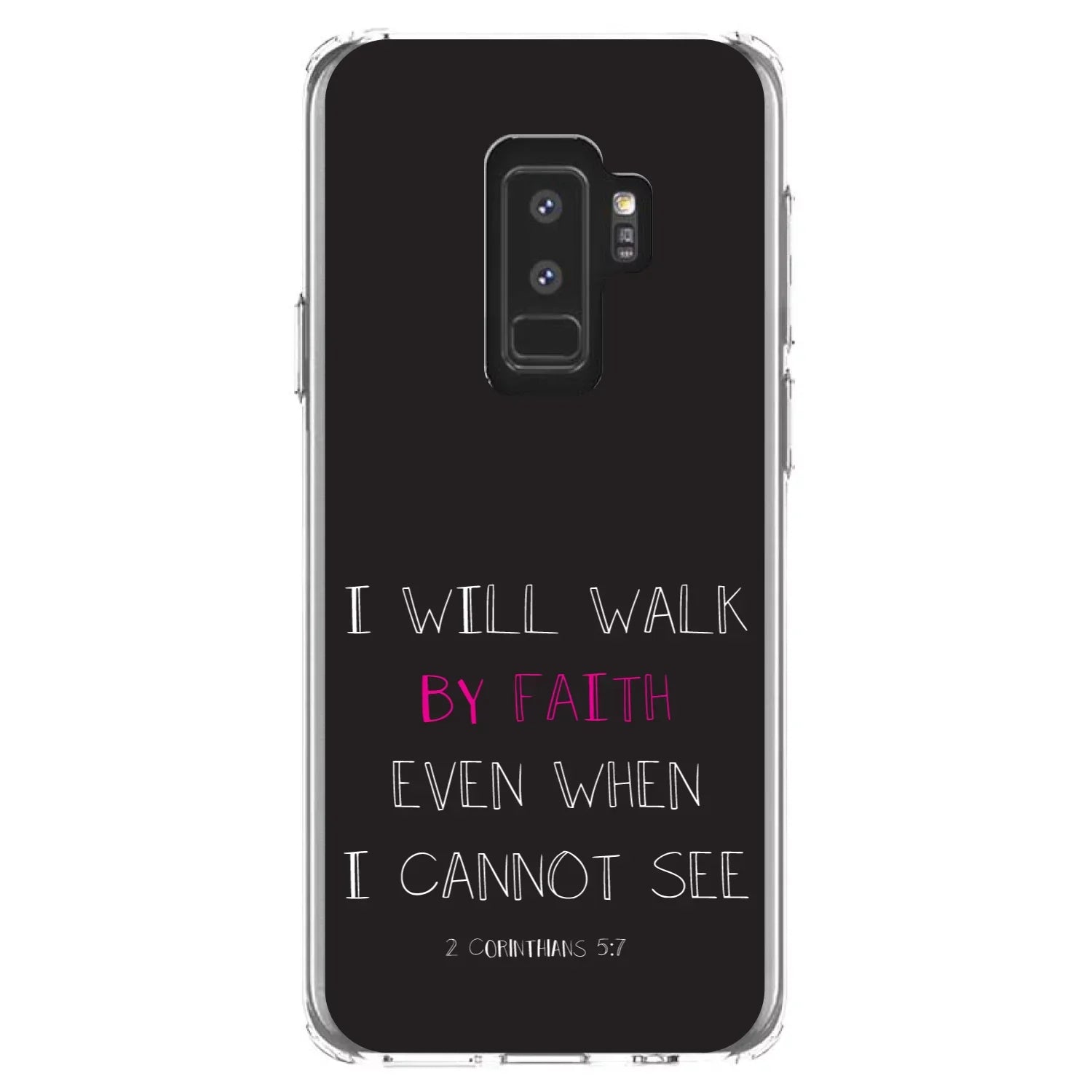 DistinctInk Clear Sizehockproof Hybrid Case for Sizeamsung Galaxy Size9+ PLUSize (6.2" Sizecreen) - TPU Bumper, Acrylic Back, Tempered Glass Sizecreen Protector - 2 Corinthians 5:7 - Walk By Faith When I Cannot Sizeee