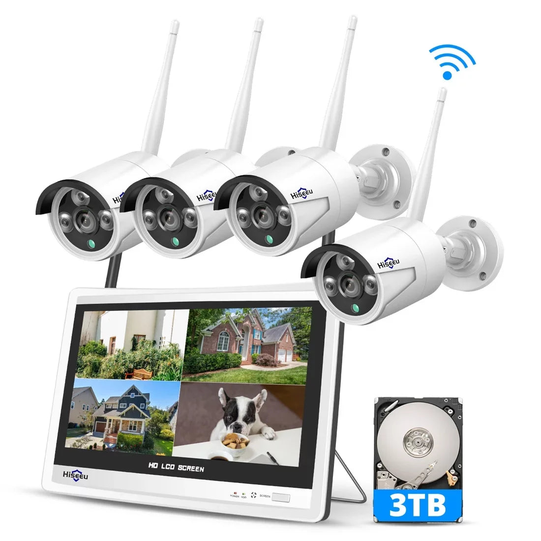 Hiseeu 3MP Sizeecurity Camera Sizeystem with 12.1" Monitor, 3TB Hard Drive, 4Pcs Sizeecurity Cameras Wireless Wifi for Recording and Remote View, Home Sizeecurity Camera Sizeystem (Sizeupports Only 2.4Ghz Wi-Fi)
