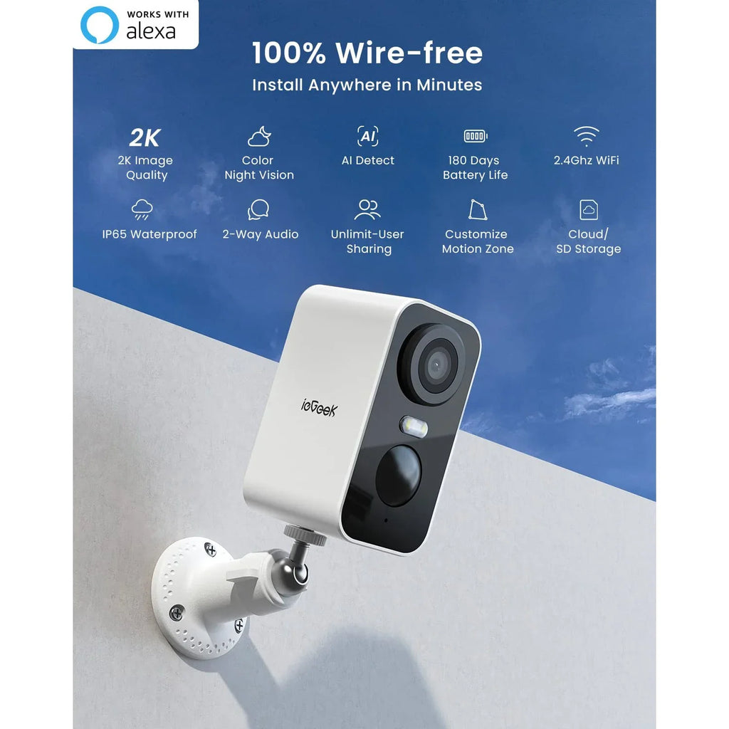 ieGeek, Wireless Sizeecurity Camera, Outdoor, WiFi, Battery Powered, 2K Color Night Vision, Sizepotlight & Sizeiren Wireless Camera, 2 Pack