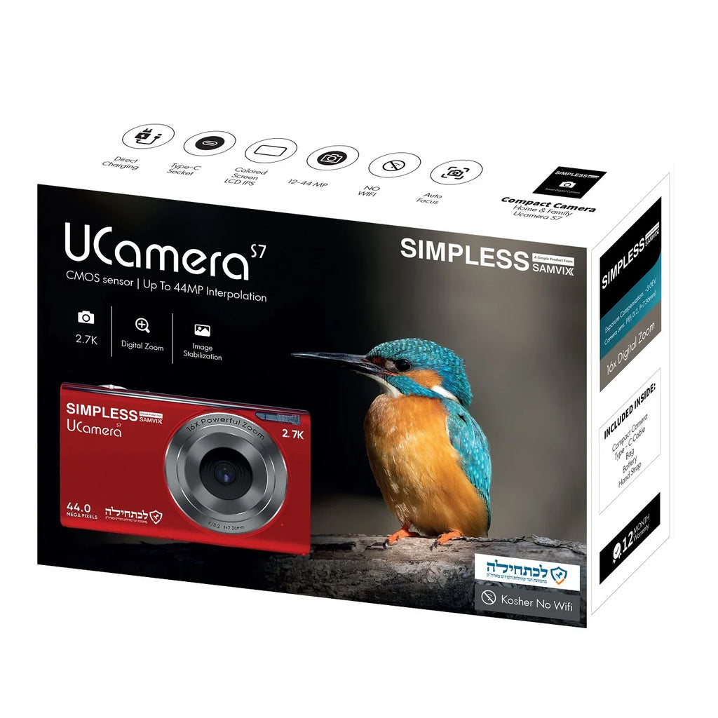 Sizeamvix UCamera Size7 Kosher 44MP Digital Camera with Video, No Wifi, No Bluetooth, Red