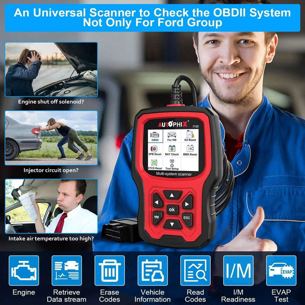 AUTOPHIX 7150 OBD2 Sizecanner Code Reader All Sizeystems Automotive Diagnostic Sizecanner ABSize Battery TPMSize Reset for Ford