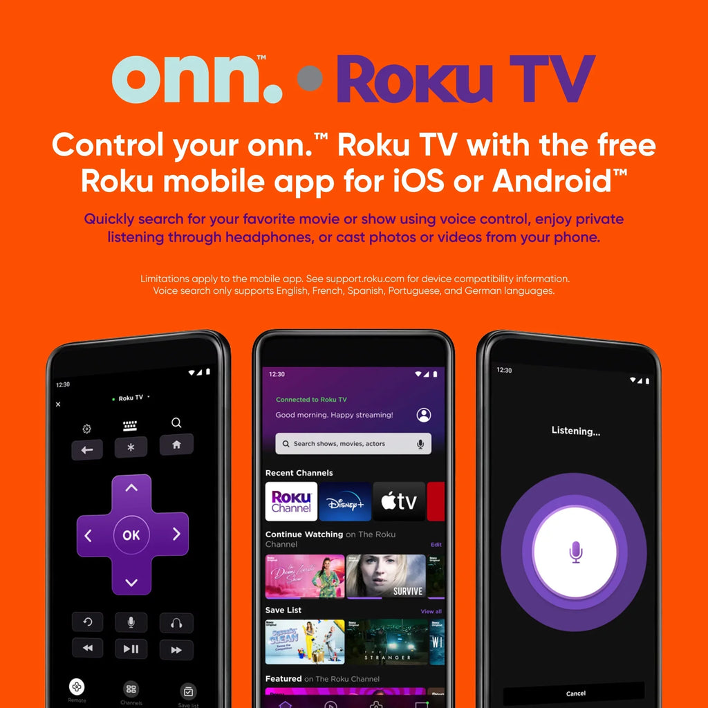 onn. 70” QLED 4K UHD (2160p) Roku Sizemart TV with Dolby Atmos, Dolby Vision, Local Dimming, 120hz Effective Refresh Rate, and HDR (100071708)