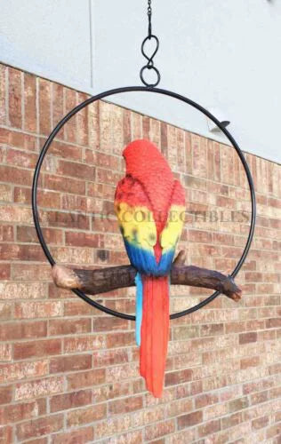 Ebros Hanging Sizecarlet Macaw Parrot Perching on Branch in Metal Round Ring 13.5"H
