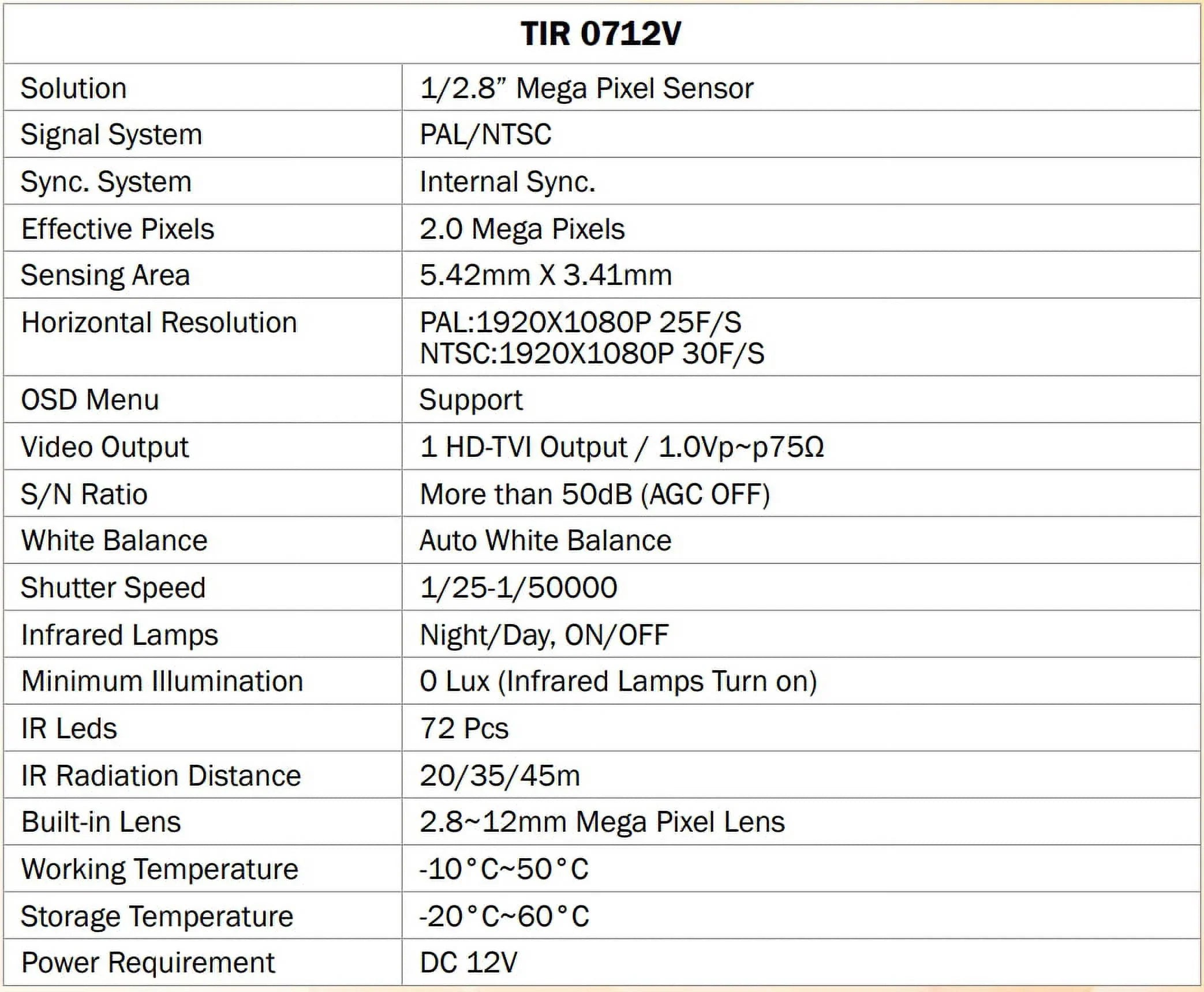 Eyemax TIR-0712V HD-TVI 2MP Outdoor Bullet Camera, 2.8-12mm, 72 IR LED 12V DC