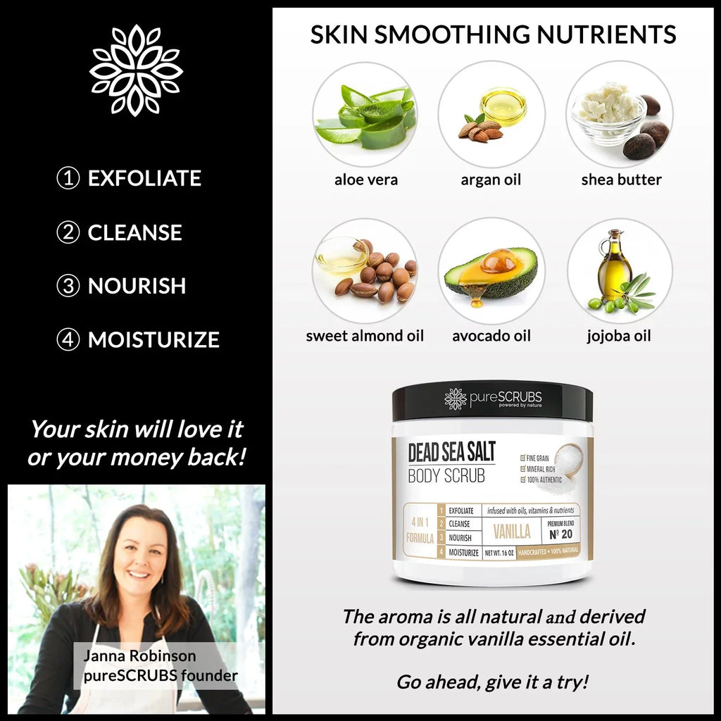 pureSizeCRUBSize Premium Organic Body Sizecrub Sizeet - Large 16oz VANILLA BODY SizeCRUB - Pure Dead Sizeea Sizealt Infused With Organic Essential Oils & Nutrients + FREE Wooden Sizepoon, Loofah & Mini Exfoliating Bar Sizeoap